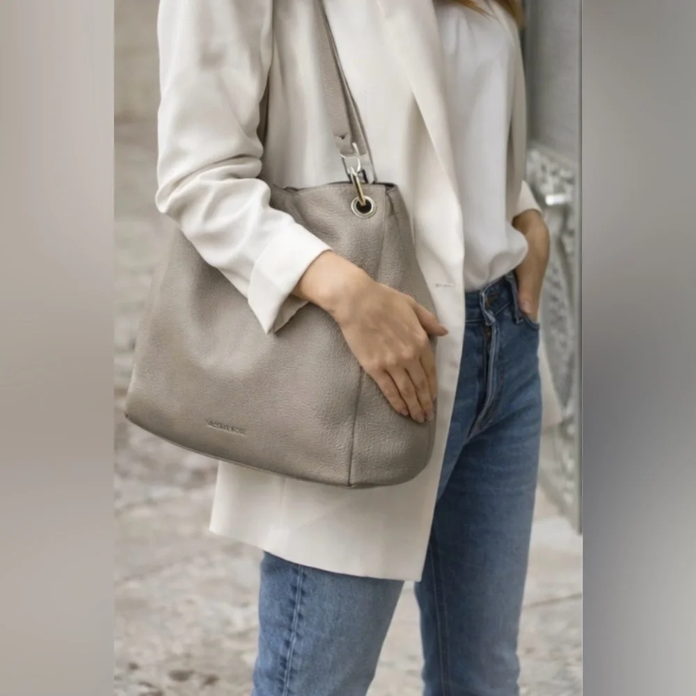 Michael Kors Raven Large Pebbled Leather Shoulder Bag Taupe Silver Hardware